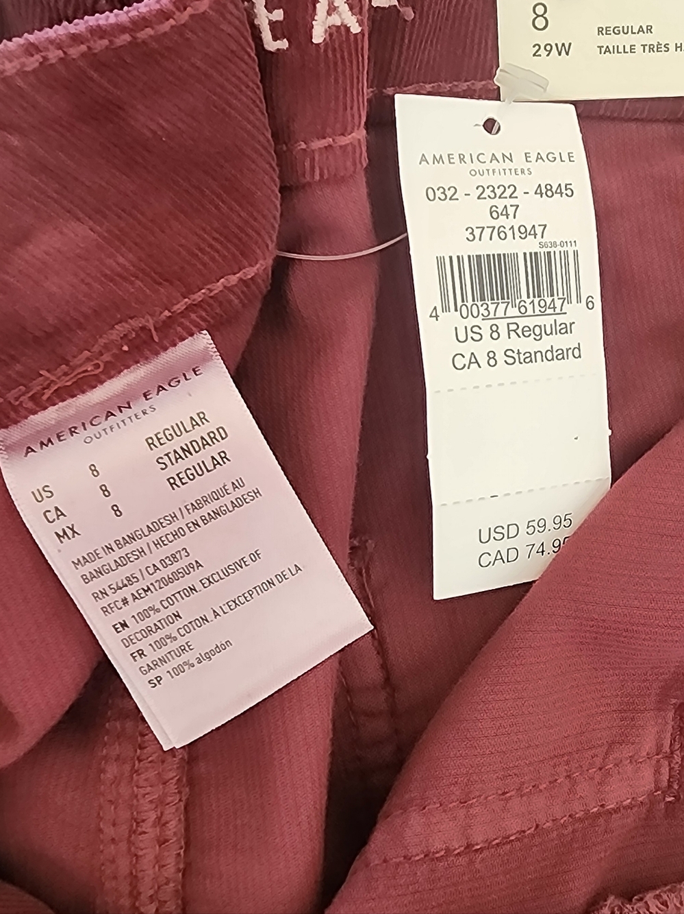 American Eagle Baggy Mom Corduroy Pant NWT High Rise Burgundy Size 8 - Picture 10 of 11